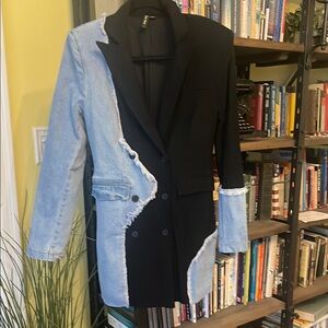 Stylish Two-Tone Denim and Black Blazer Dress